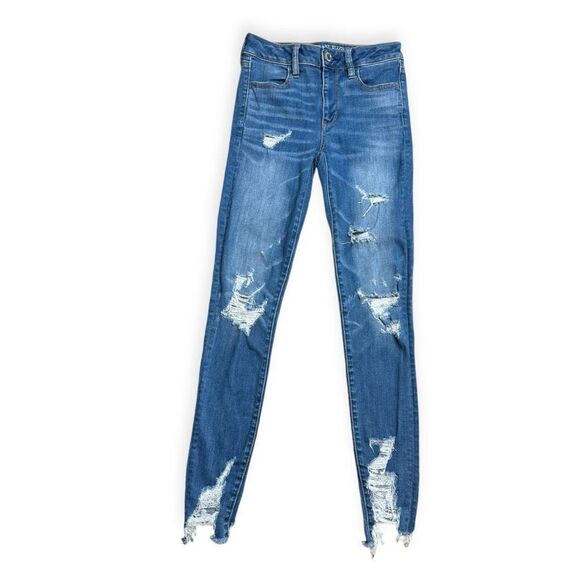 American Eagle Outfitters Denim - AMERICAN EAGLE Women's Medium Blue Wash Super Stretch Distressed Hi-Rise Jegging